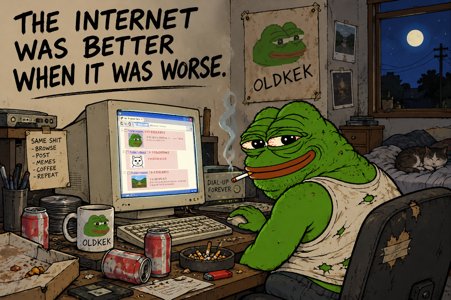 Nostalgic hand-drawn old internet scene with a tired frog at a CRT computer